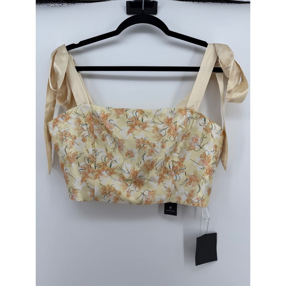 Lulus Floral Corset Crop Top Large Yellow Satin Tie Strap Bustier NWT Festival